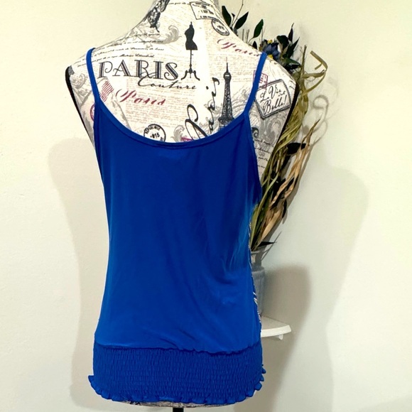 Solar USA Blue& Gold trim Ruffled Front Women's Top w Elastic Waist Large - Picture 4 of 7